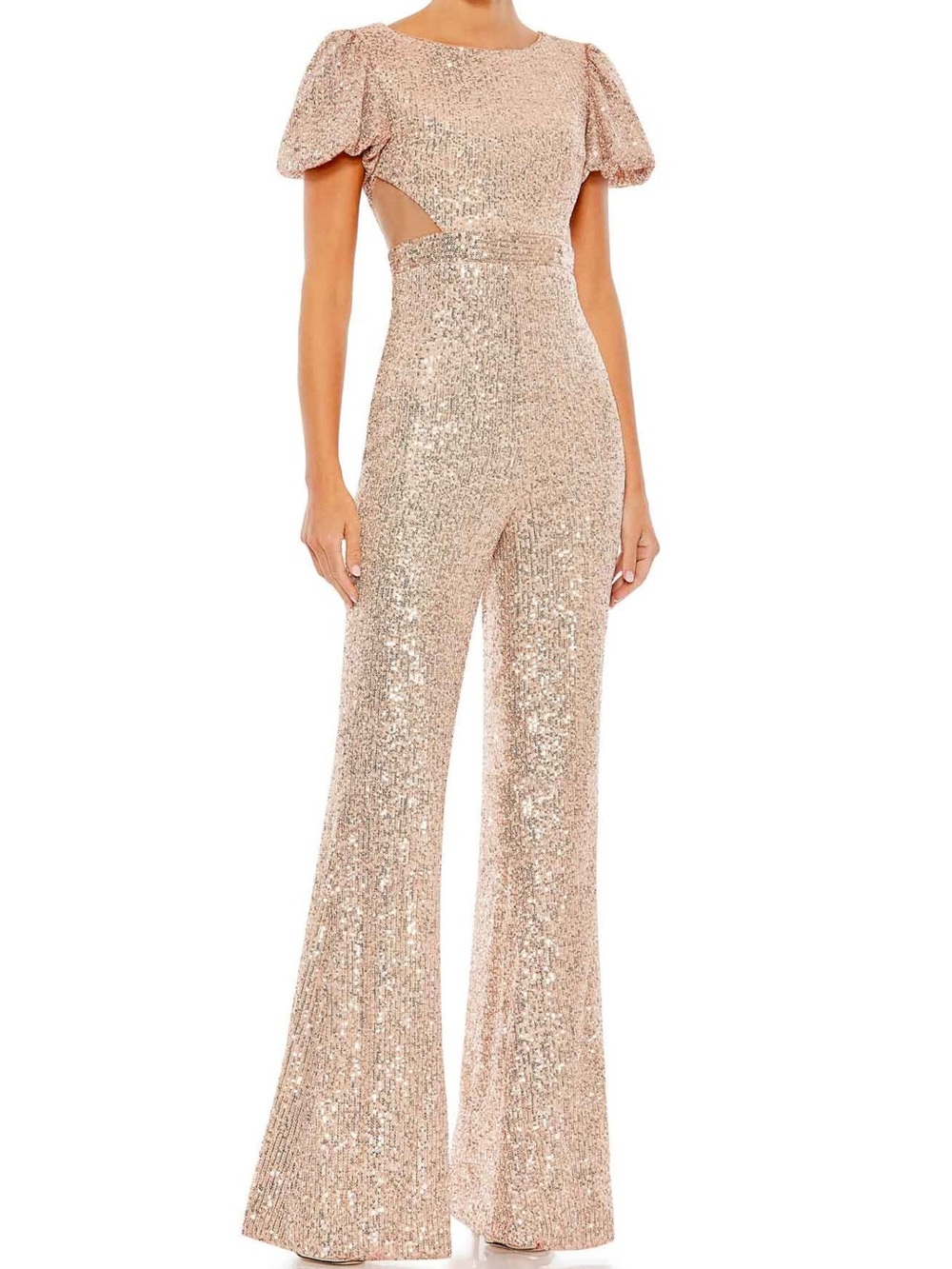 Mac Duggal Sequin Cutout Puff-Sleeve Jumpsuit in Rose Gold